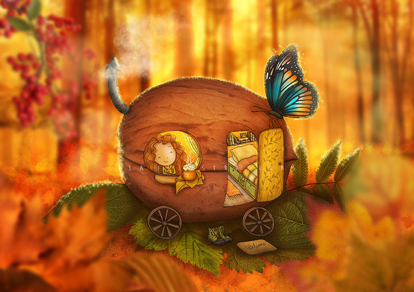 Walnut Caravan Postcard by Ila Illustrations featuring a carriage made from a walnut shell, with autumn leaves, a blue butterfly,a girl with a pumpkin latte, set against a warm golden forest background.