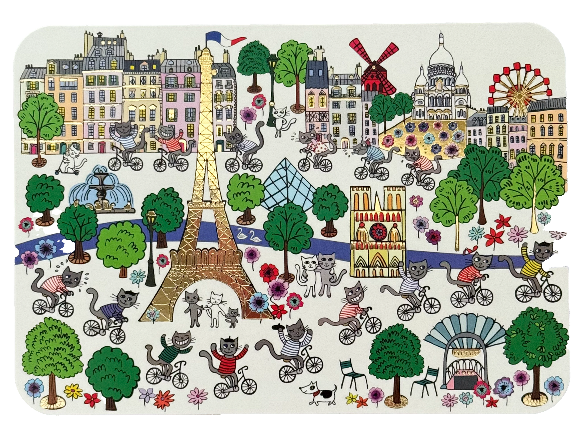 Paris Cats Postcard by Cartes d'Art illustrated by Pascale Godard featuring a Paris cityscape with cats riding bicycles around famous landmarks.