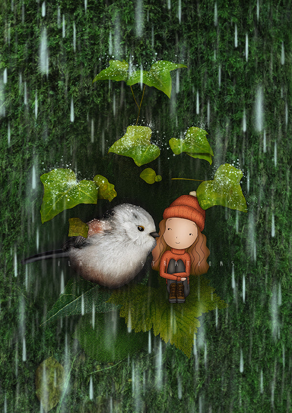Shelter Postcard by Ila Illustrations featuring a small bird and a girl in an orange hat and coat, standing on a green leafy surface amidst falling rain and mossy green background.