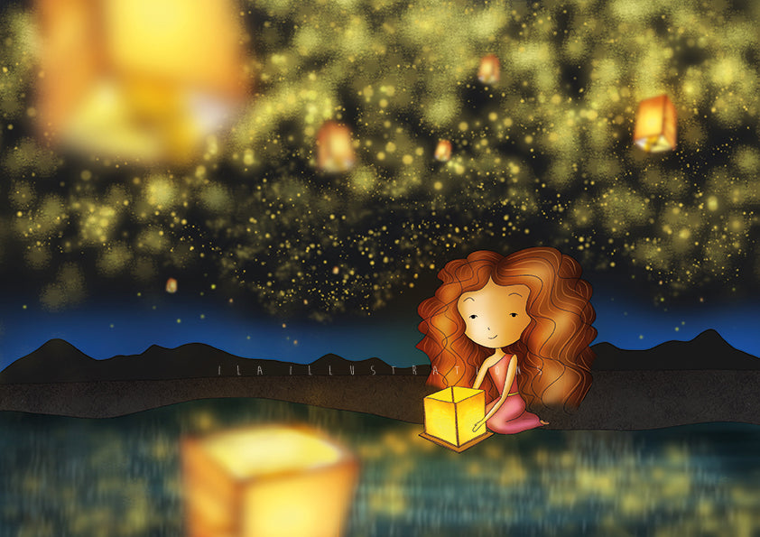 Wish Postcard by Ila Illustrations featuring a girl holding a lantern under a starry night sky with floating lanterns.