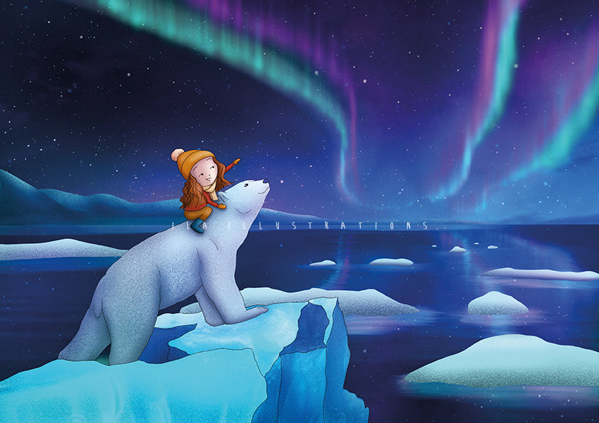 Northern Lights Postcard by Ila Illustrations featuring a girl on a polar bear with aurora lights in the background