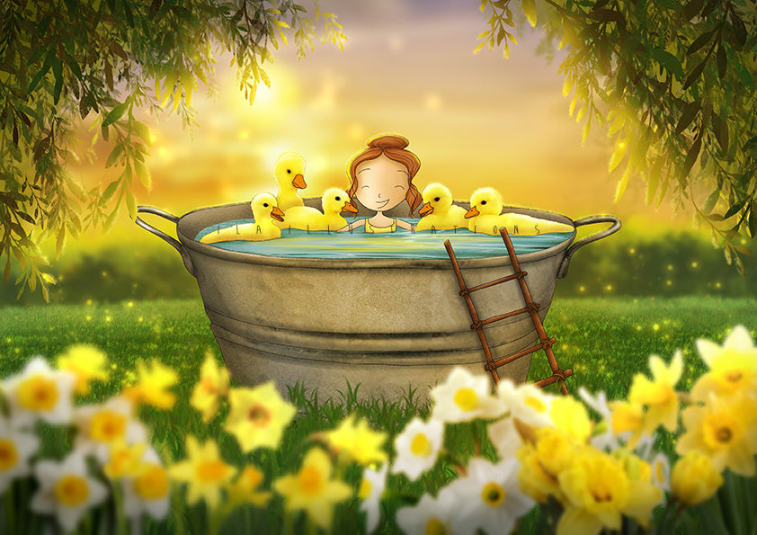 Yellow Postcard by Ila Illustrations featuring a girl with ducks in a bathtub surrounded by daffodils and greenery