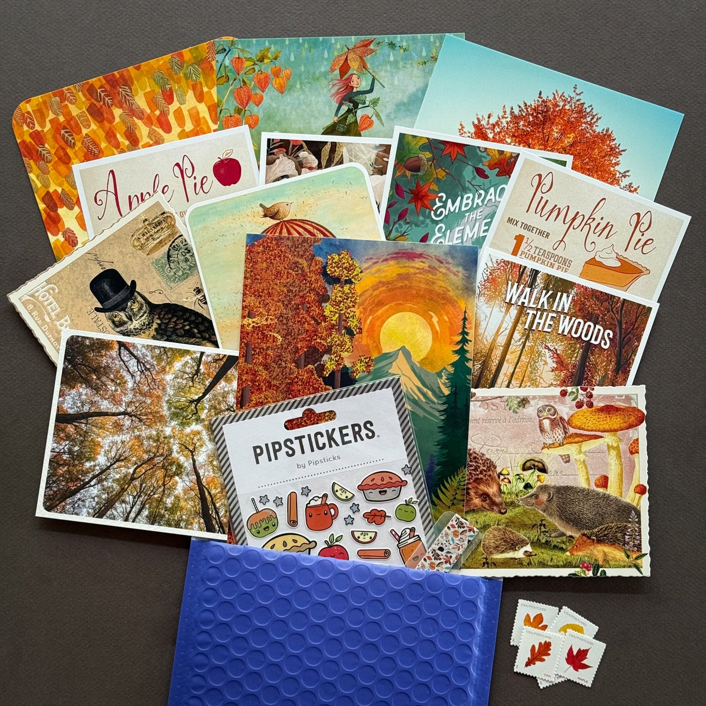 13 fall-themed postcards, Pipsticks sticker sheet with foil accents, and coordinating autumn washi tape - perfect for Postcrossing, snail mail, and seasonal swaps