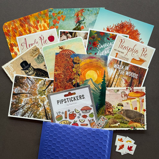 13 fall-themed postcards, Pipsticks sticker sheet with foil accents, and coordinating autumn washi tape - perfect for Postcrossing, snail mail, and seasonal swaps