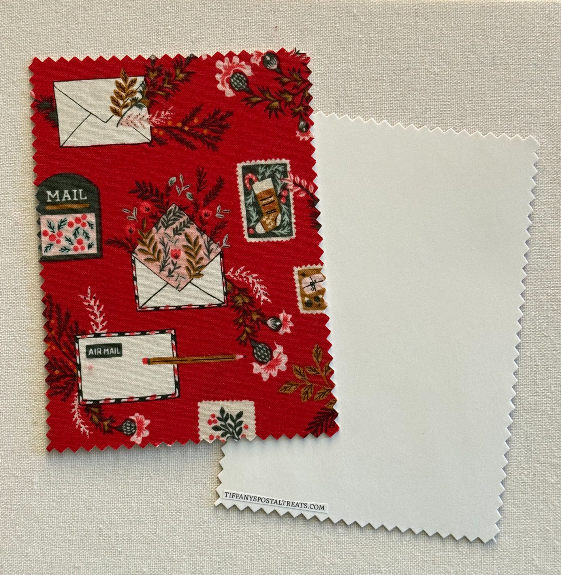 Merry Mail Holiday Fabric Postcard featuring letters, pencils, pens Mailbox, stamps and flowers