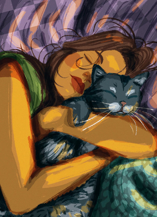 Cat Cuddles Postcard by Hello Hessah featuring a woman lying down with her cat, surrounded by warm colors.