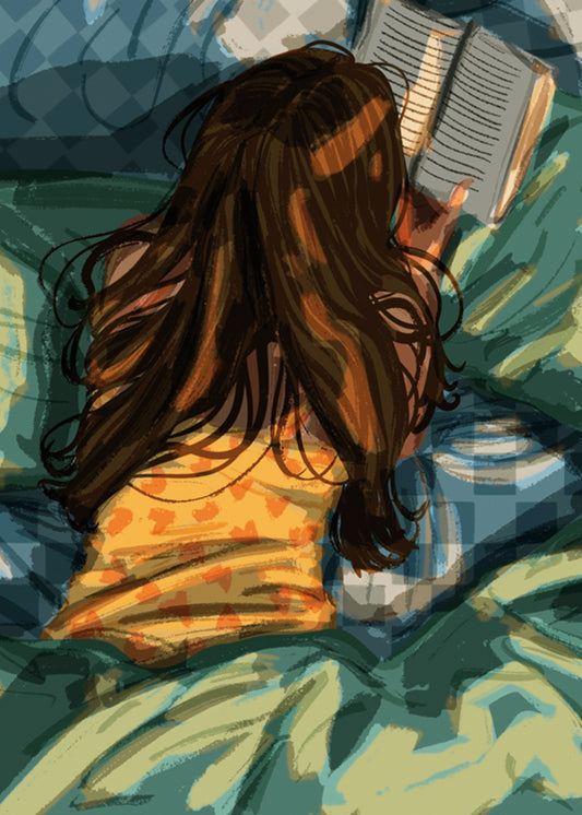Reading in Bed Postcard by Hello Hessah featuring an illustration of a person lying on a bed reading a book