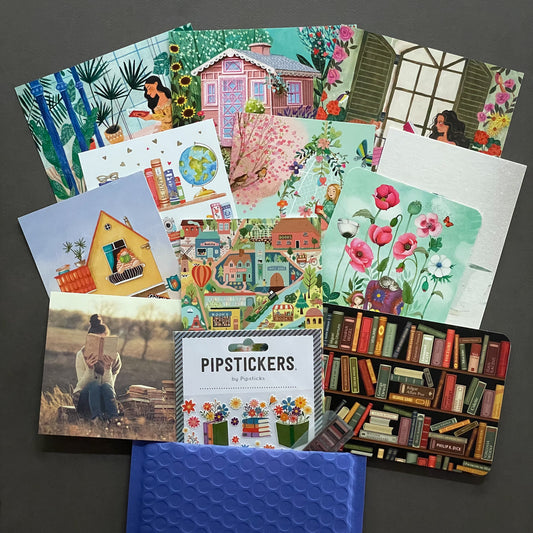 Book Club Postal Pack - Mix of Book-themed Postcards, Stickers and Washi Tape