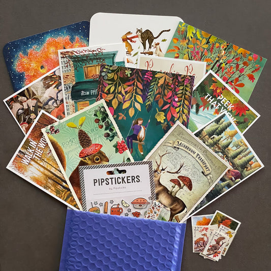 Autumn-themed postcard bundle with 13 illustrated cards, Pipsticks sticker sheet, and fall washi tape from Tiffany’s Postal Treats