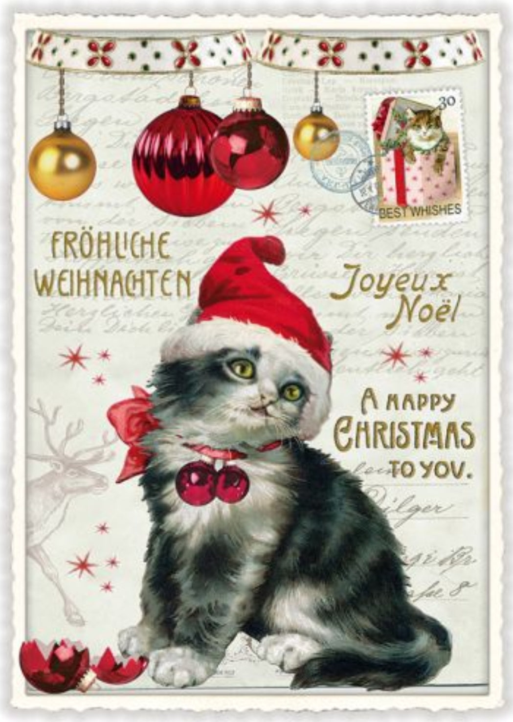 A Happy Christmas Cat Postcard by Edition Tausendschön featuring a gray and white kitten wearing a red Santa hat, with hanging red and gold ornaments, festive text in English, German and French, and a postage stamp illustration in the upper right.