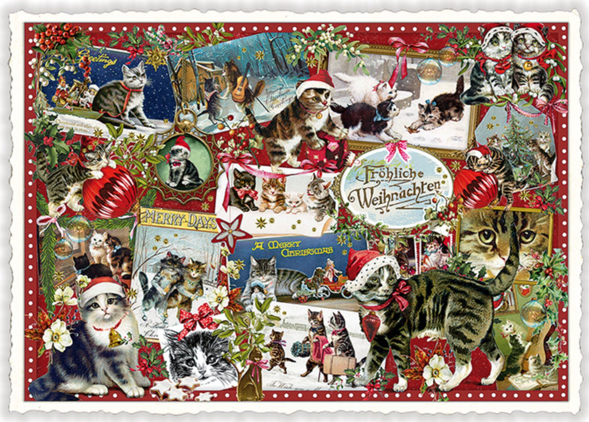 A Merry Christmas Cats Postcard by Edition Tausendschön featuring multiple cats wearing Santa hats and holiday decorations. The design is framed by a red patterned border and white scalloped edges.