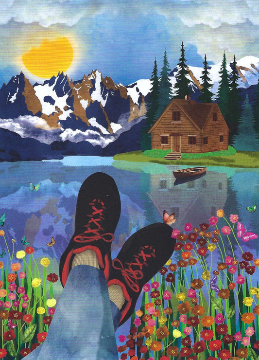 Editor - Art of Emotion Postcard featuring a scenic view of flowers, mountains, lake, and cabin.