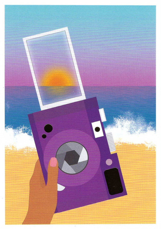 A Snapshot of Summer Postcard with foil details by Editor - Art of Emotion featuring a purple Polaroid-style camera held up against a beach sunset.