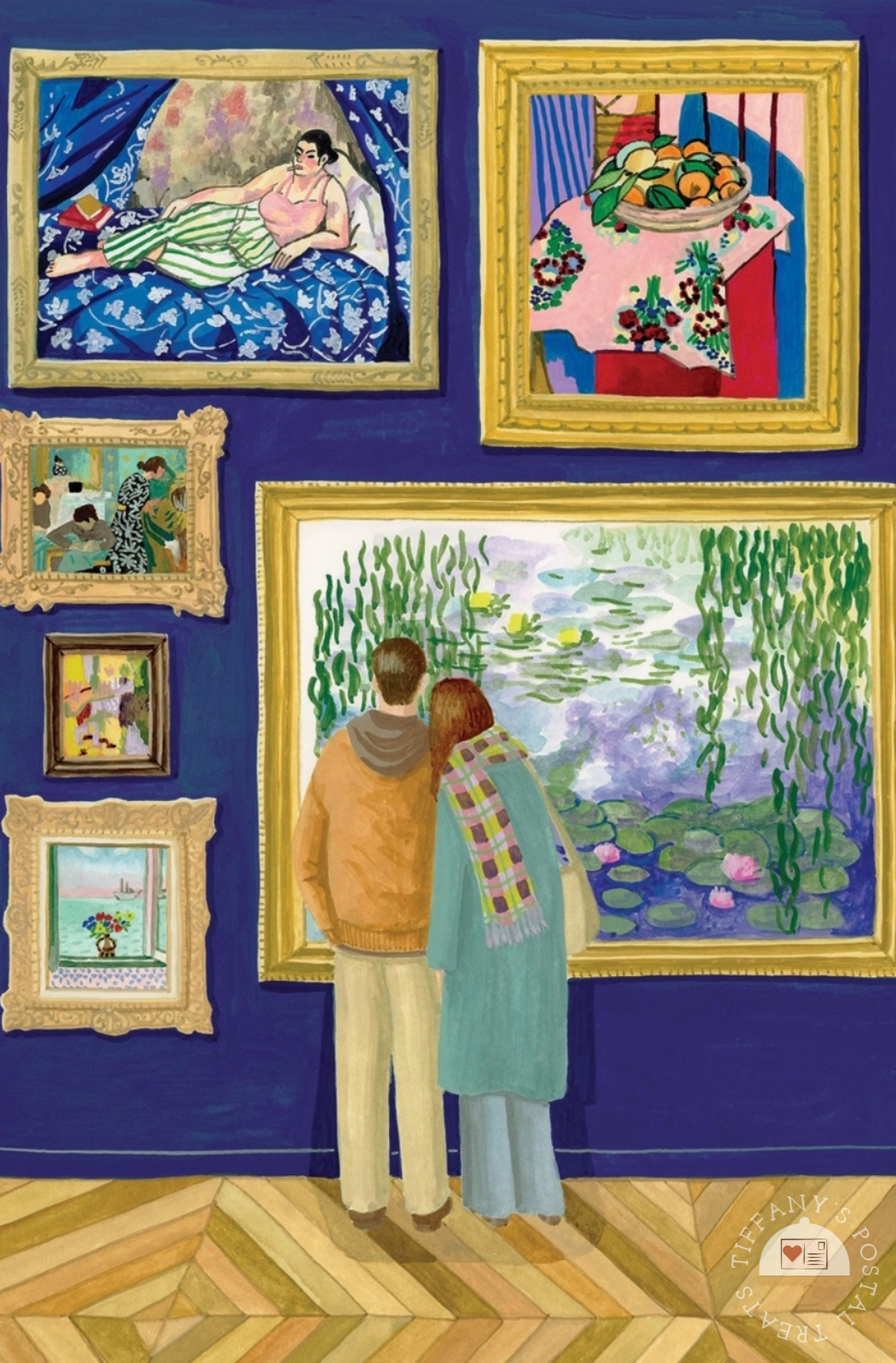 A Stroll Through the Museum Postcard by Mélanie Voituriez featuring a couple in a gallery, looking at a large Monet-style water lily painting. The gallery walls are deep blue and decorated with several other framed paintings in gold frames.