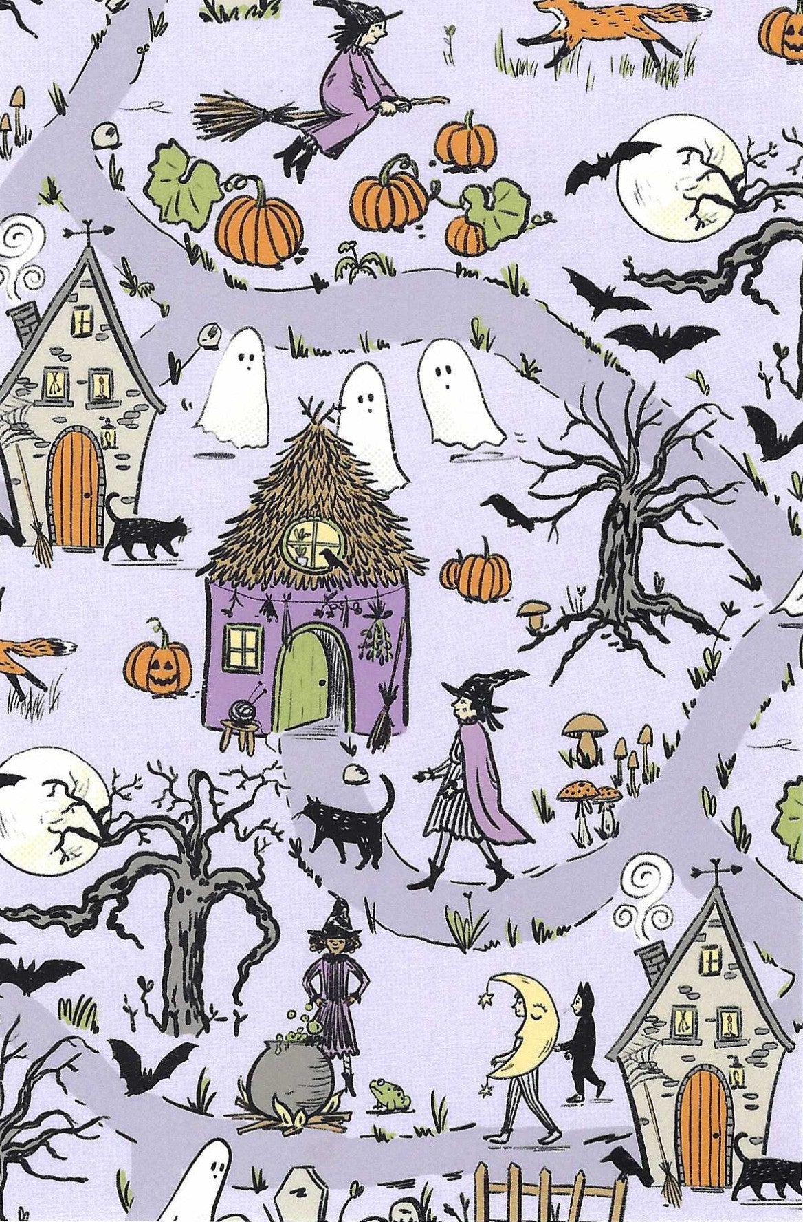 A Witch's Life Postcard by Das Brooklyn featuring pumpkins, ghosts, witches, houses, bats, a moon, and a fox in muted purple, orange, black, and cream tones.
