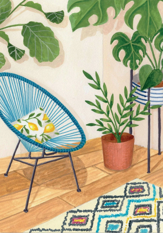 Postcard by MELANIEVOITURIEZ featuring a Blue chair with a pillow, potted plant, and colorful rug in a room with leafy plants.