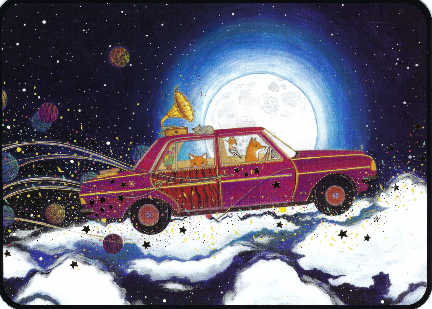 Foxes Adventure in the Sky Postcard by Jehanne Weyman featuring a Fox driving a colorful car in space with planets and stars