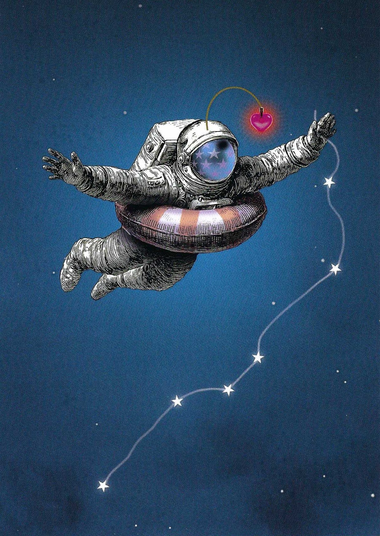 All-Lover Space Postcard by La Tack for Nobis Design featuring a space-themed illustration of an astronaut floating in a starry blue sky, holding string of stars