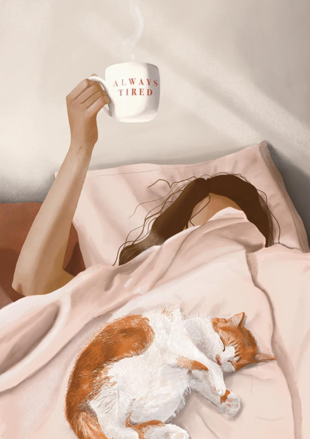 Always Tired Cat and Coffee Postcard by Illustre Mayon featuring a person lying in bed with a cat, holding a coffee mug labeled 'Always Tired', against a soft beige background.