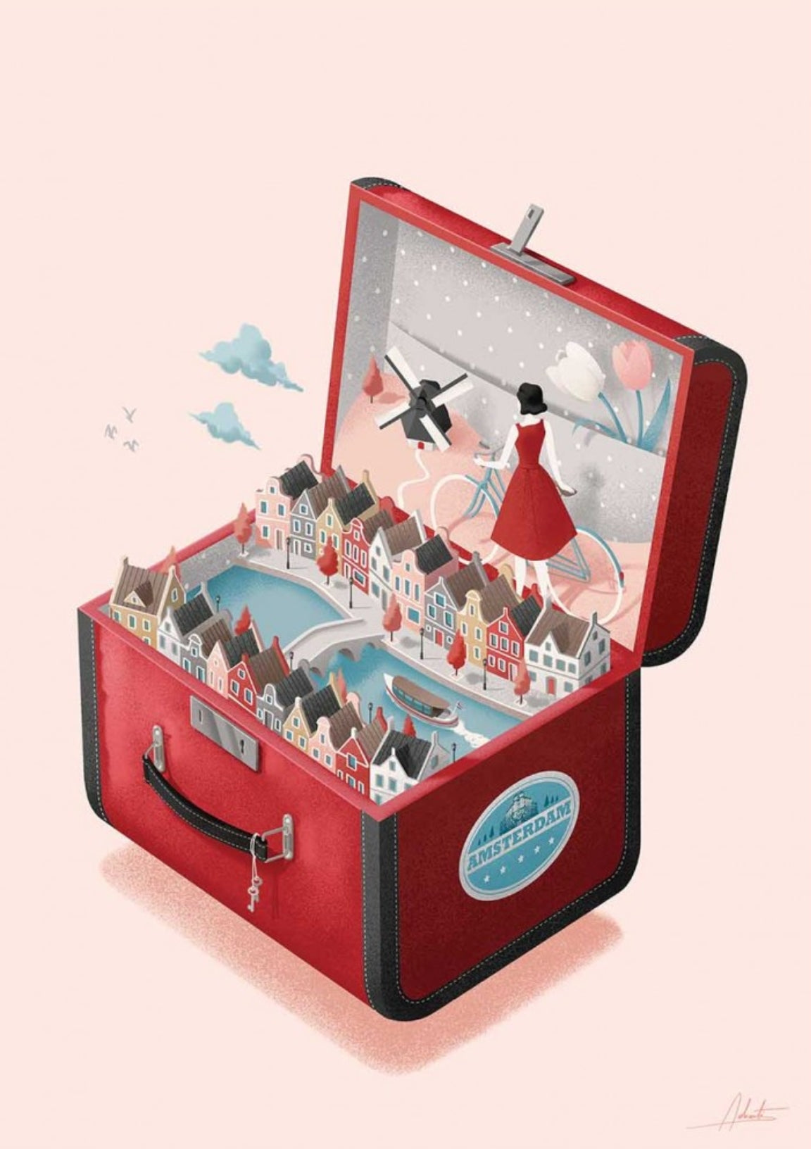 Amsterdam Travel Postcard by Andrea de Santis featuring a red suitcase with a miniature Amsterdam city scene and a person in a red dress with a bicycle