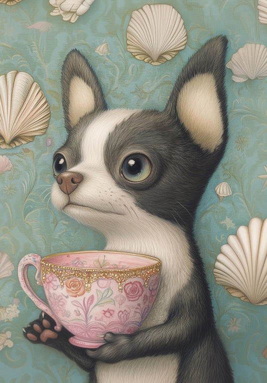 Teatime Dog Postcard by Fripperies featuring a dog holding a pink teacup with a shell patterned background