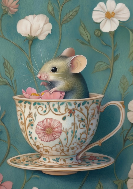 Teatime Mouse Postcard by Fripperies featuring a mouse in a decorative teacup with floral patterns on a blue background.