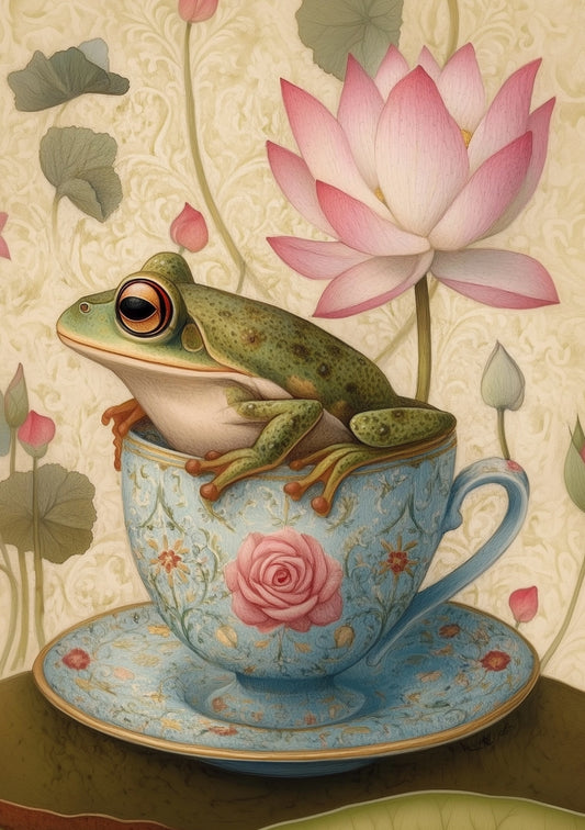 Teatime Frog Postcard by Fripperies featuring a frog sitting on a decorative teacup with a pink flower in the background