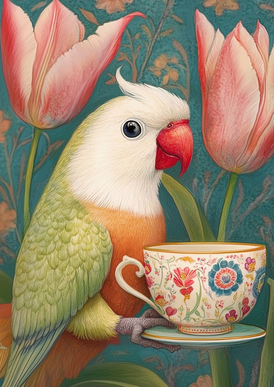 Teatime Tropical Bird Postcard by Fripperies