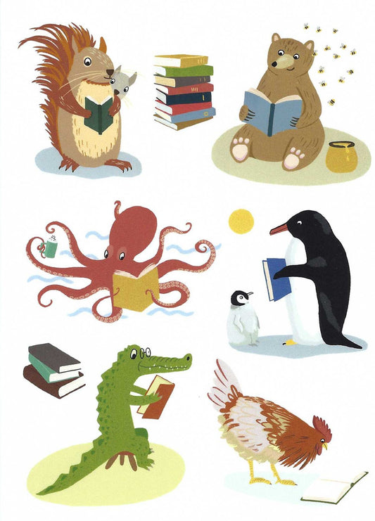 Animals Reading Postcard by Das Brooklyn featuring illustrations of animals reading books