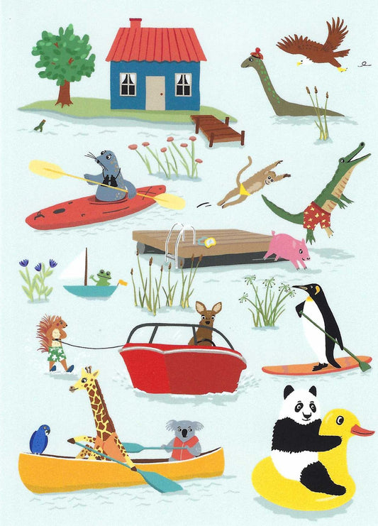 Animals at the Lake Postcard by Das Brooklyn featuring illustrations of various animals engaging in different activities on a lake.