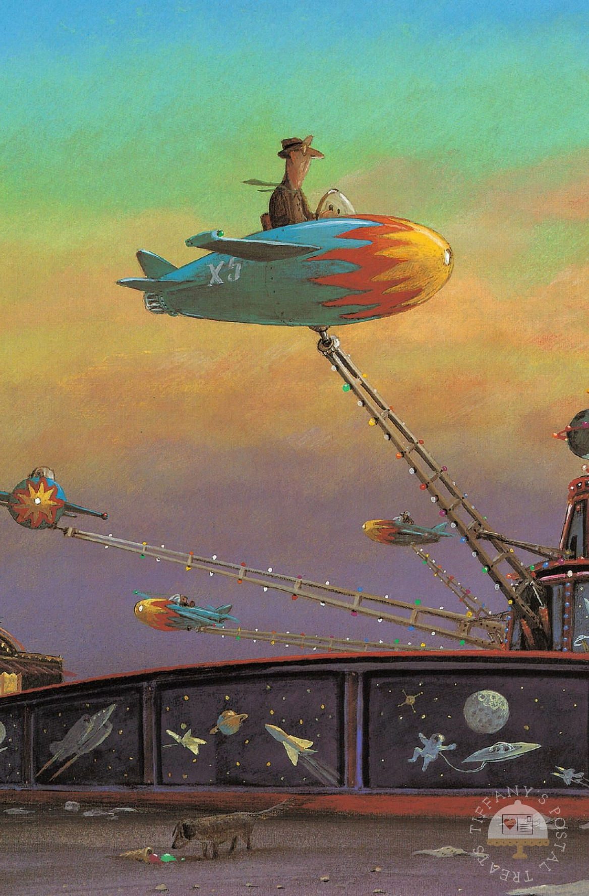 Anti-Fear of Flying Training Postcard by Inkognito featuring A whimsical illustrated scene showing a man riding a plane carnival-style ride against a colorful sky. The artwork includes a small dog on the ground eating an ice cream cone.