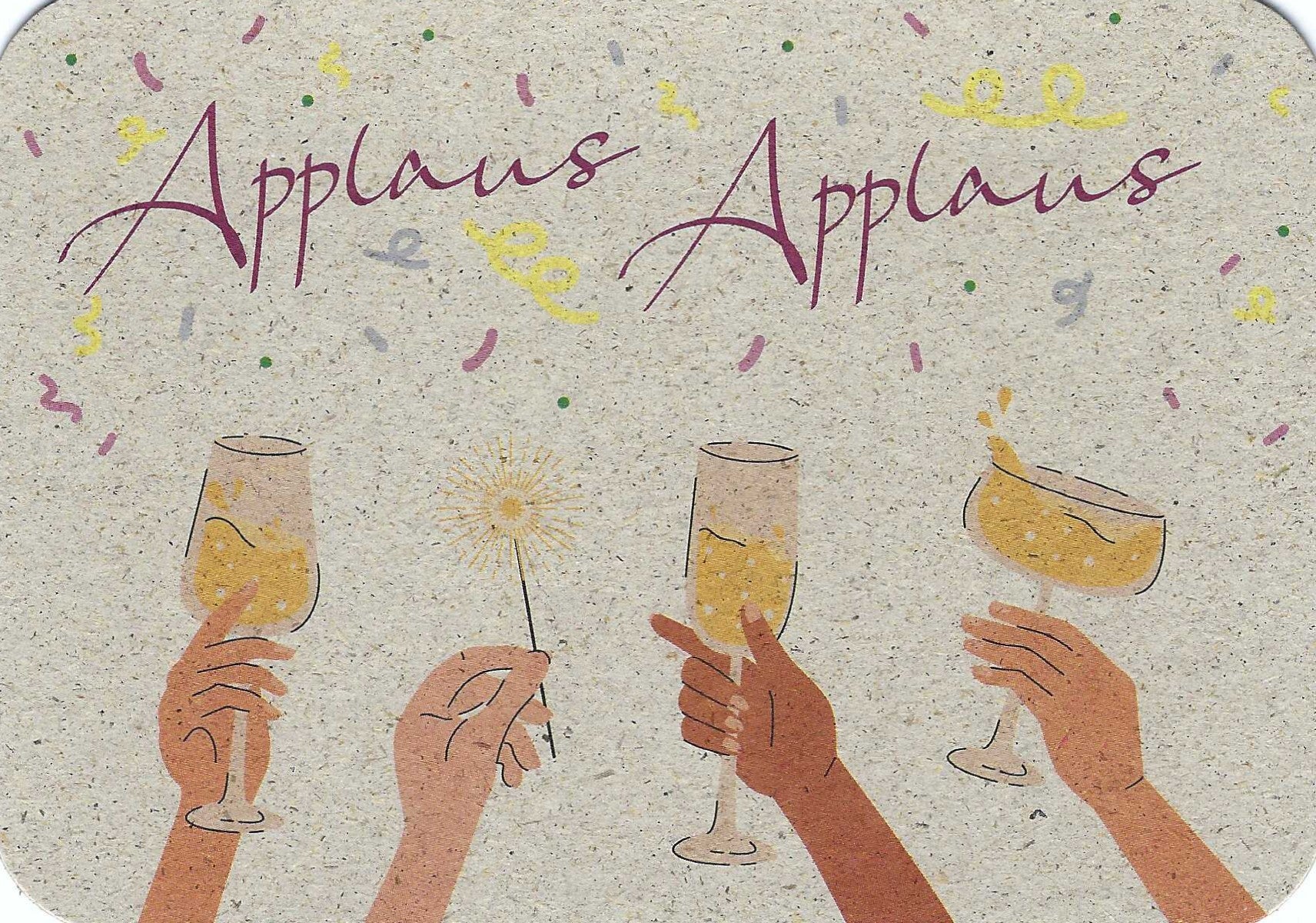 Applause Applause Congratulations Postcard with illustrations of hands holding glasses of Champagne and a sparkler