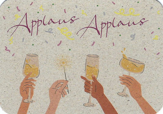 Applause Applause Congratulations Postcard with illustrations of hands holding glasses of Champagne and a sparkler