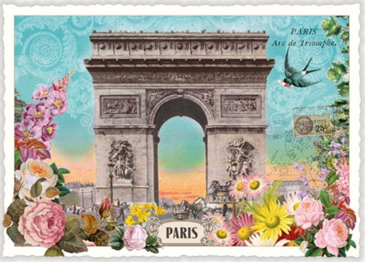 Arc de Triomphe Paris Postcard by Edition Tausendschön featuring the Arc de Triomphe in Paris with floral elements and the word Paris.
