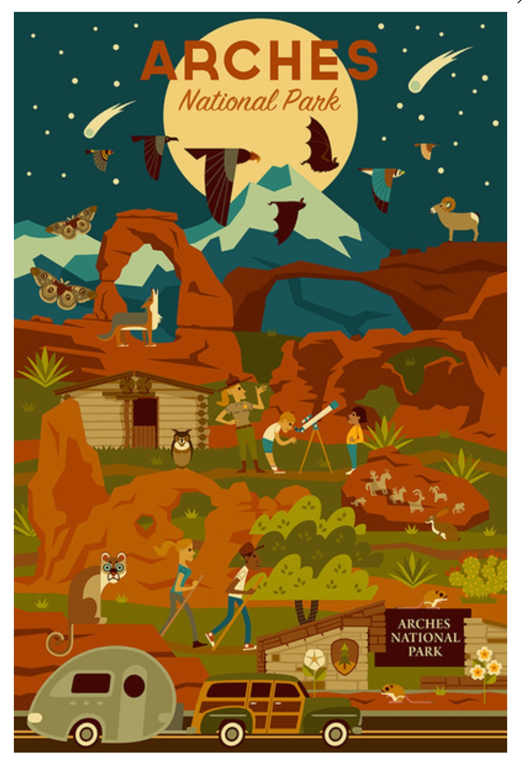 Lantern Press postcard featuring a geometric night scene of Arches National Park with stylized rock formations and a starry sky.