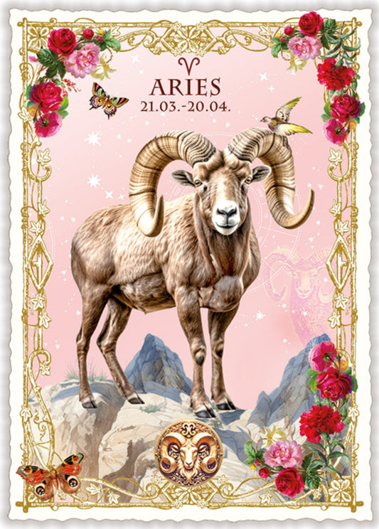 Edition Tausendschön postcard featuring the Aries zodiac sign illustration with a ram on a pink background with flowers and decorative elements.
