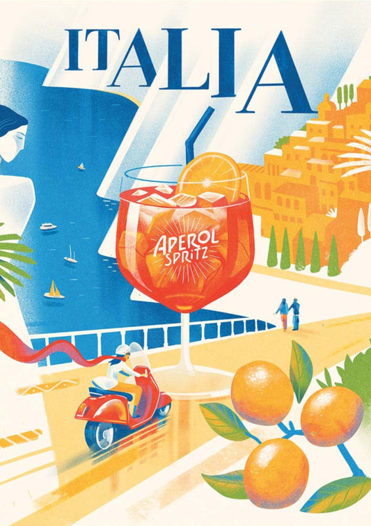 Italia Aperol Spritz Postcard Illustrated by Mark Harrison featuring a glass of Aperol Spritz with oranges, a scooter, and a cityscape with 'ITALIA' text.