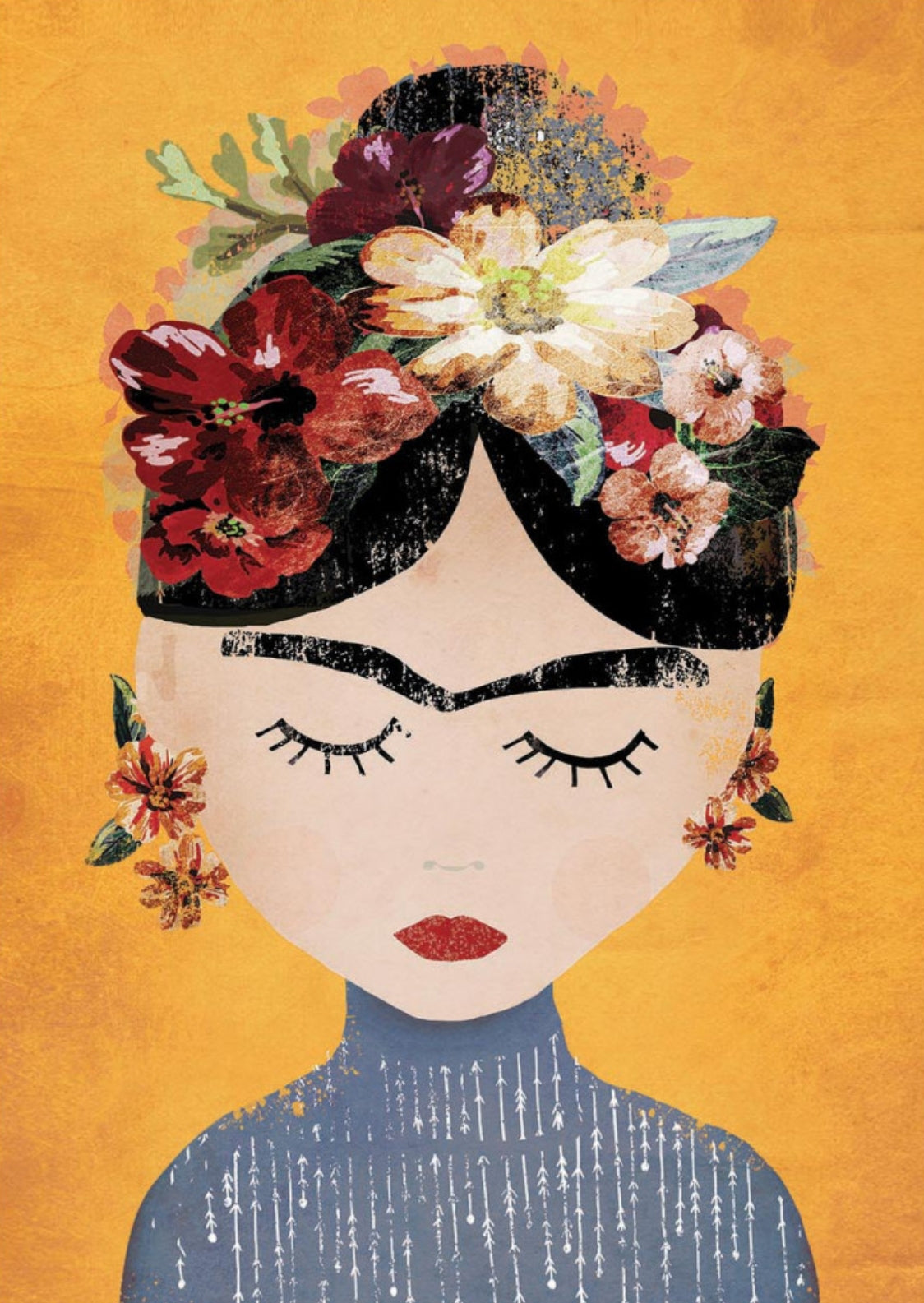 Frida Postcard by Treechild featuring an illustration of Frida Kahlo with flowers in her hair.