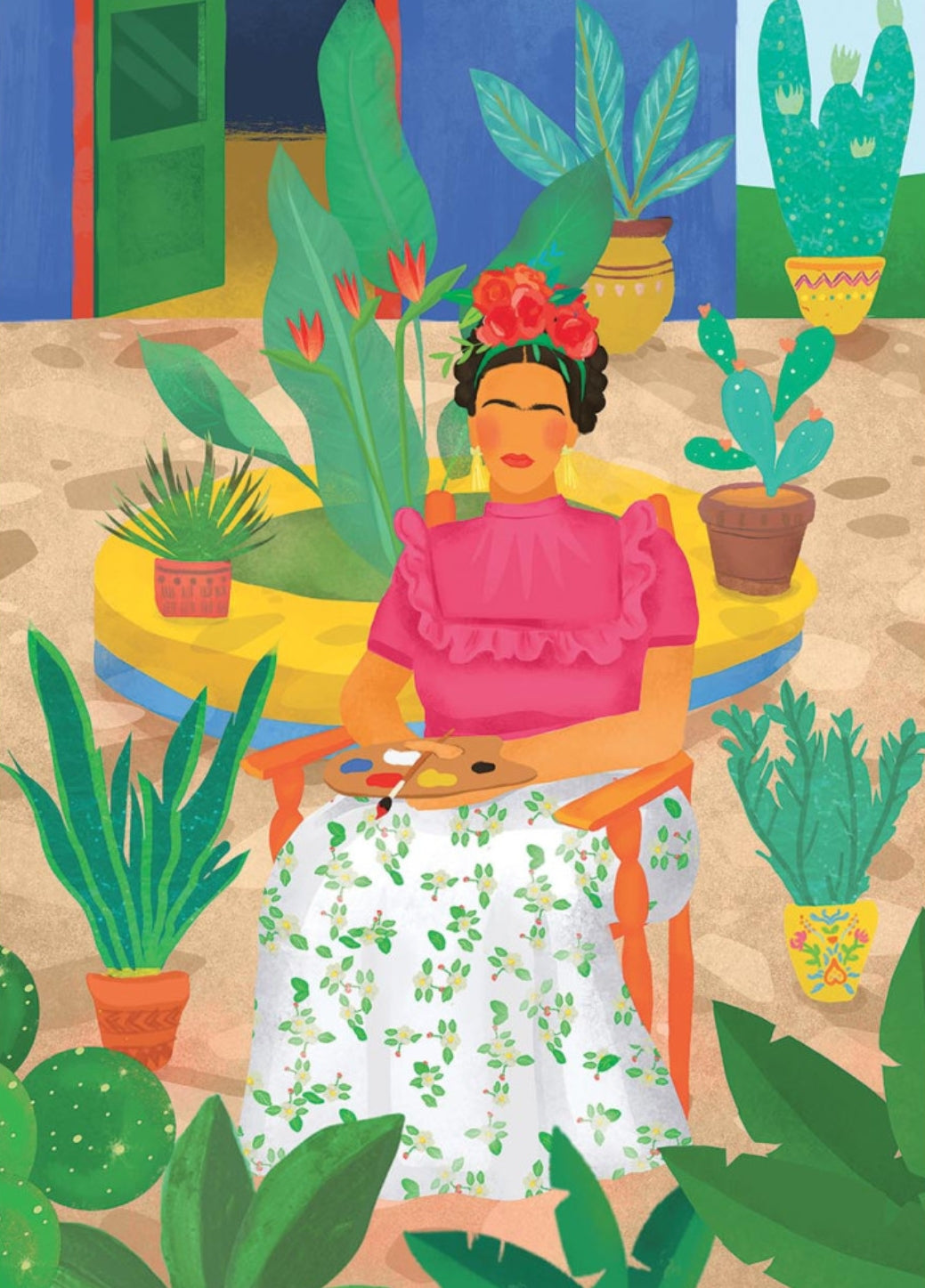 Frida Kahlo postcard illustrated by Petra Lizde featuring an illustration of Frida with a palette surrounded by cacti and plants