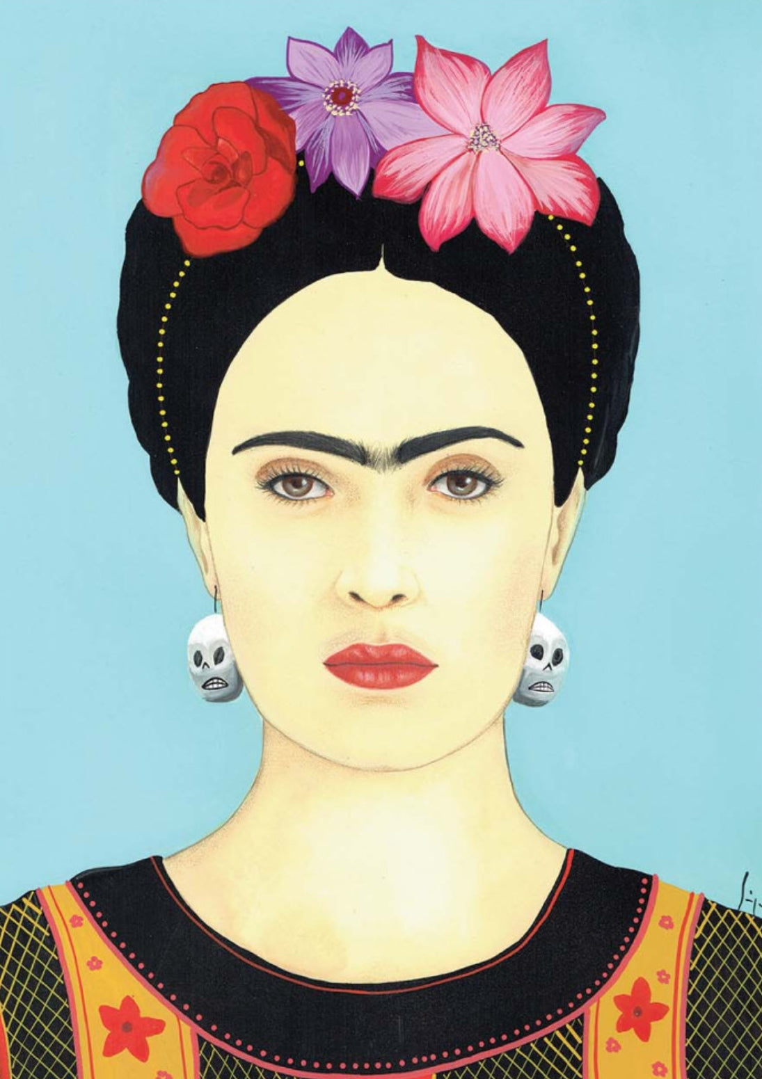 Frida Kahlo illustrated postcard by Soizic Bihel, colorful portrait artwork printed in France on matte coated paper.