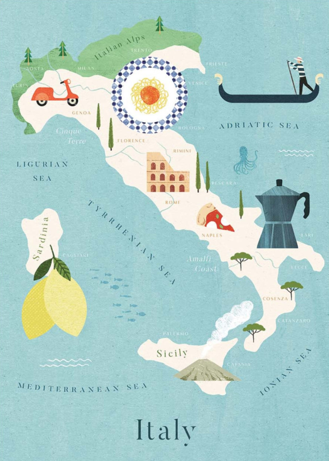 Italy Map Travel Postcard Illustrated by Henry Rivers featuring a map of Italy with various symbols.
