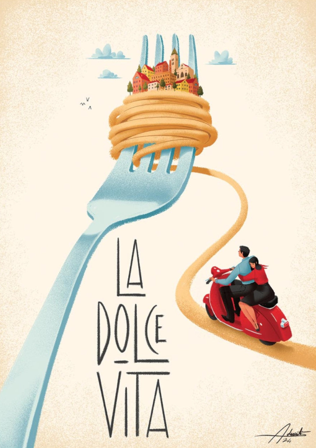 La Dolce Vita Postcard by Andrea de Santis featuring an illustration of a fork with spaghetti, a village, and people on a scooter with 'La Dolce Vita' text.