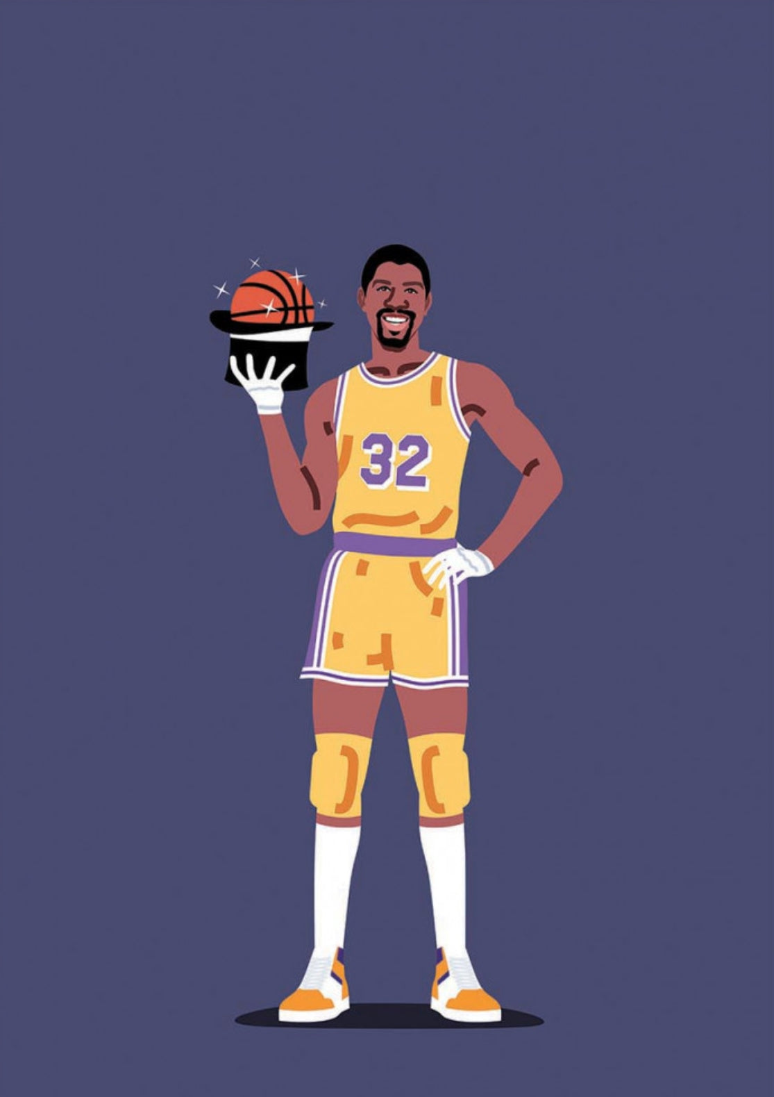 Magic Basketball Postcard by Elad Shagrir featuring a stylized illustration of basketball player Magic Johnson in a yellow and purple Los Angeles Lakers uniform, holding a basketball in a black magician's hat against a solid dark purple background.