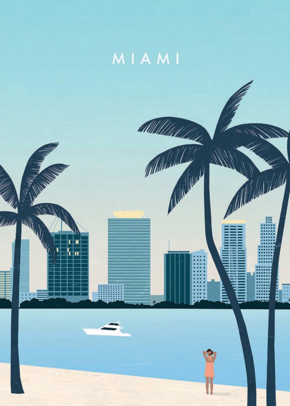 Miami Postcard illustrated by Katinka Reinke with palm trees, skyline, and a person on the beach.