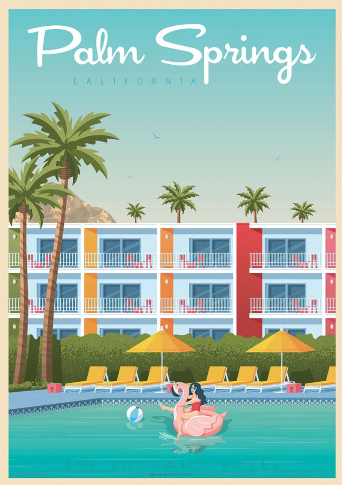 Palm Springs California Postcard by Olahoop Travel featuring an illustration of a pool scene with palm trees and the Saguaro Hotel in Palm Springs, California.
