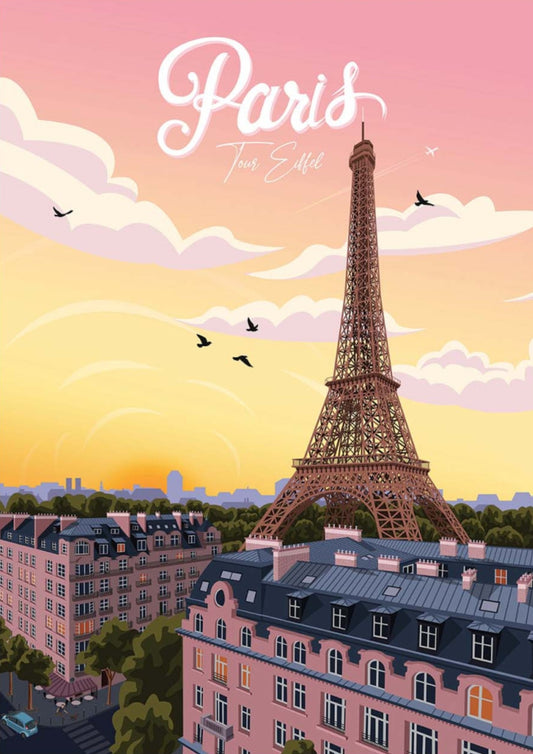 Paris Tour Eiffel Postcard by Benoit Collet featuring an illustration of the Eiffel Tower with 'Paris' text against a pink sky.