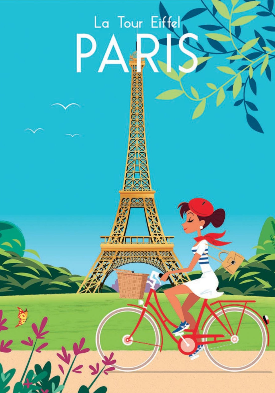 Paris La Tour Eiffel Postcard by Raphael Delerue featuring an illustration of a woman riding a bicycle in front of the Eiffel Tower with 'La Tour Eiffel PARIS' text.