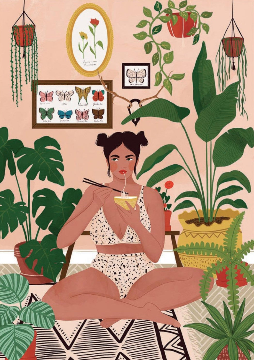 Plant Home Postcard by Maja Tomljanovic featuring an illustration of a woman sitting among plants, eating noodles from a bowl.