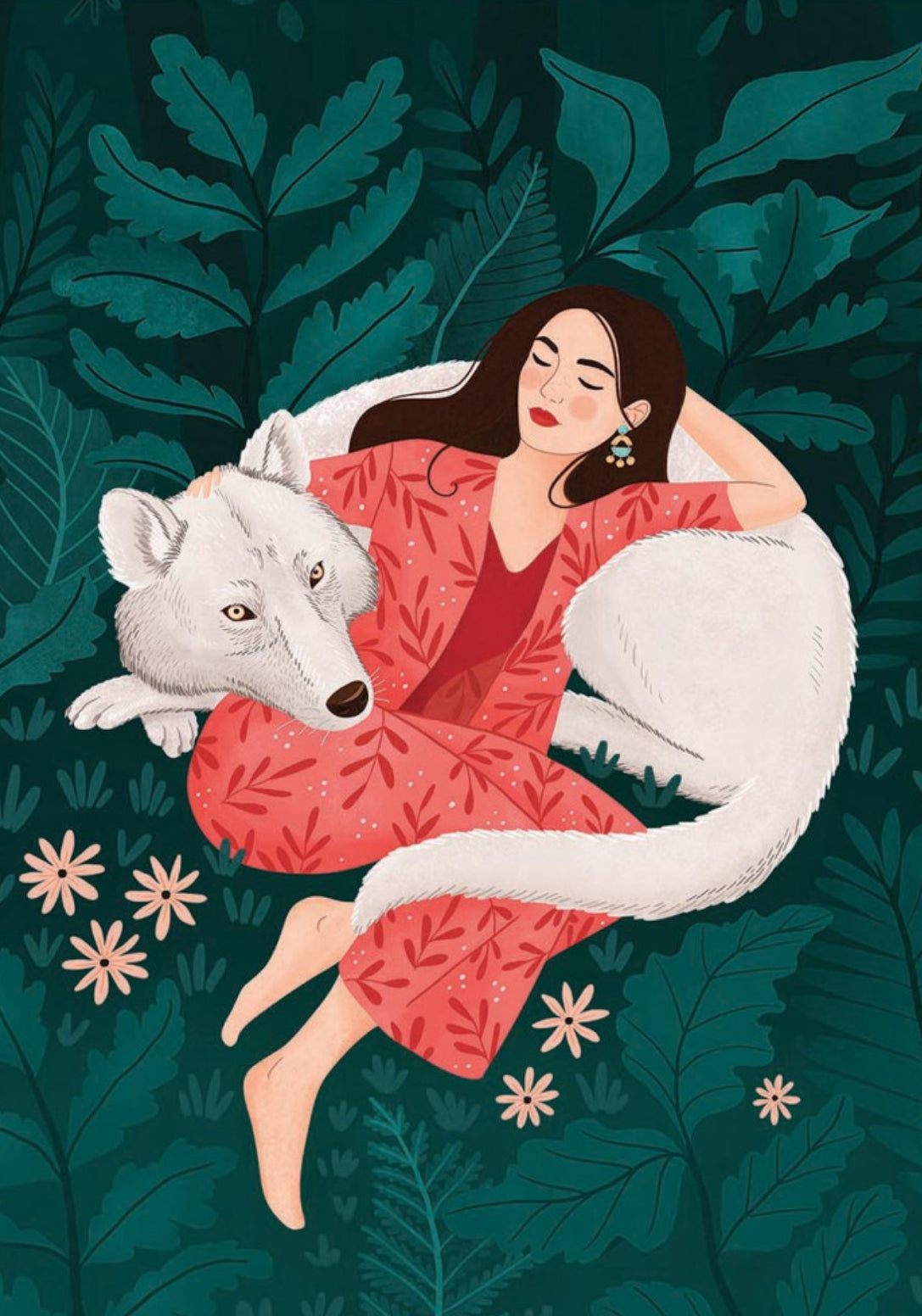 Polar Wolf Postcard by Petra Holikova featuring an illustration of a woman lying with a white wolf surrounded by foliage and flowers.