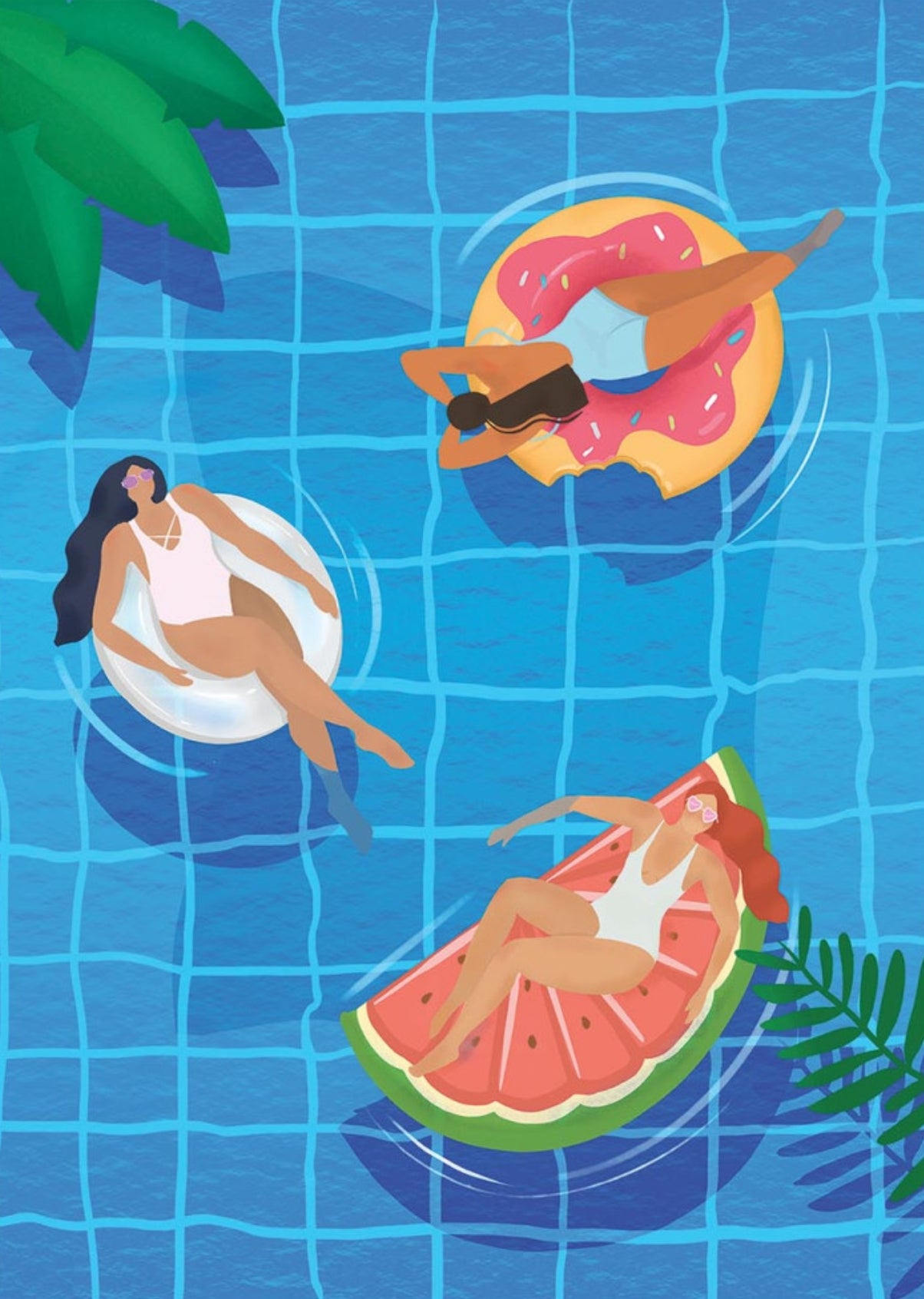Pool Ladies Postcard by Petra Lizde featuring an illustration of three women on inflatable rings in a pool.